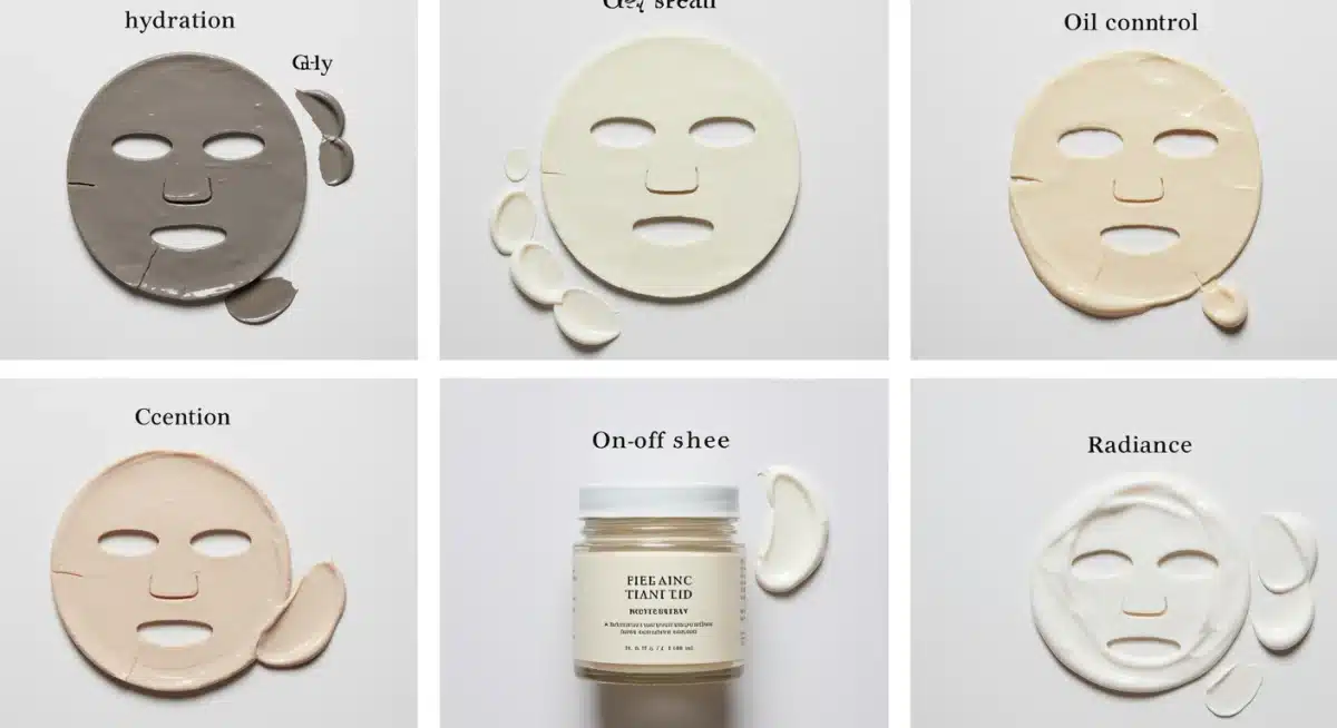 Colagem de cinco máscaras faciais diferentes com texturas e cores variadas, indicando benefícios.