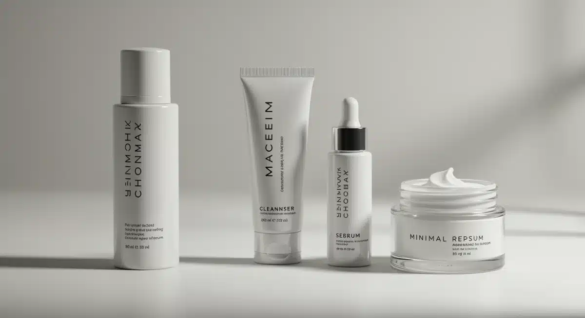 Três produtos essenciais de skincare minimalista dispostos de forma organizada, representando a simplicidade e eficácia da rotina.