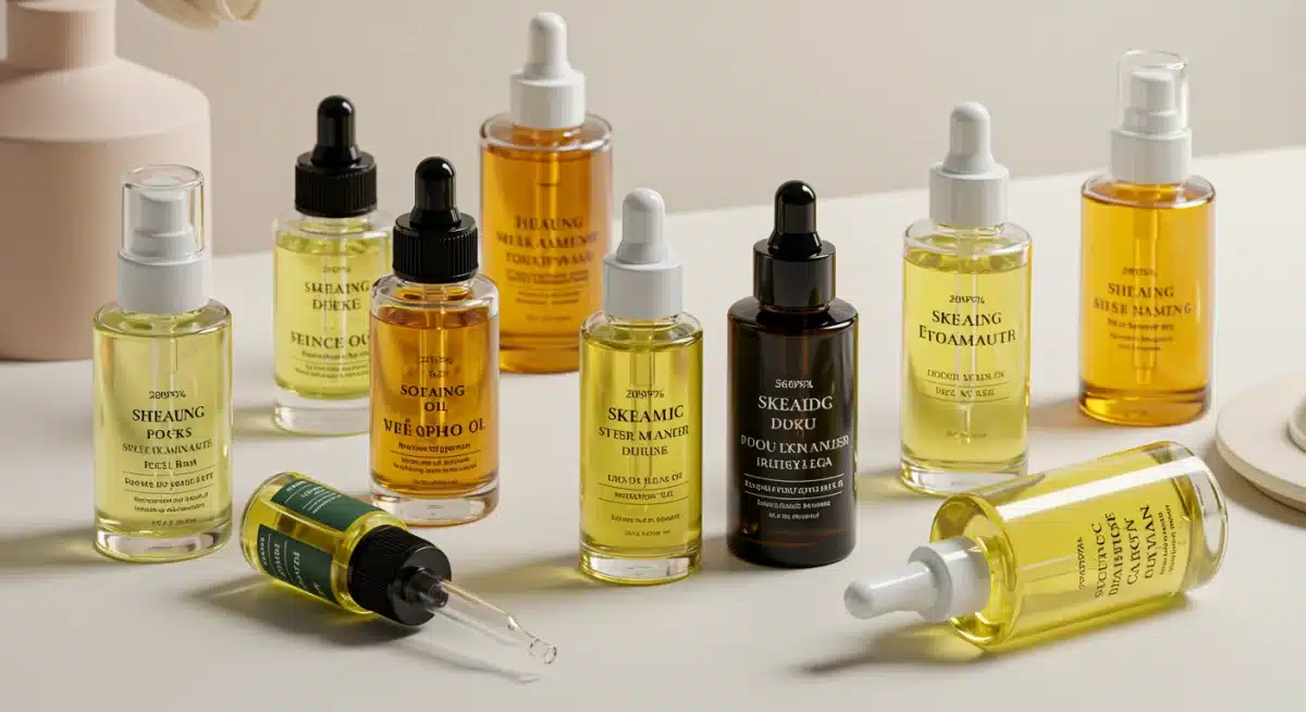 Variedade de óleos faciais em frascos elegantes, cada um para um tipo de pele