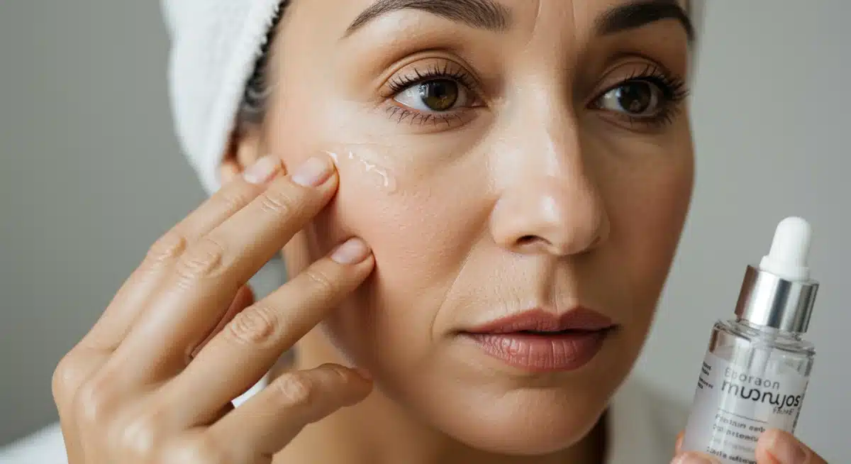 Woman gently applying anti-aging serum to her face, emphasizing precise product application for mature skin.