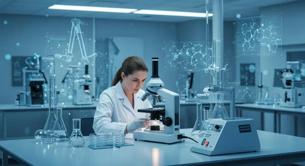 Scientist in lab coat examining skincare ingredients with advanced biotechnology equipment