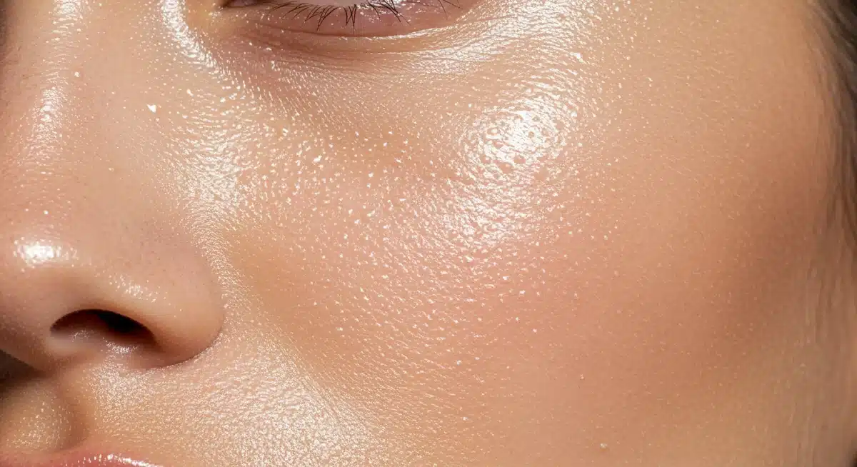 Close-up of radiant, dewy 'glazed donut' skin, showcasing a popular skincare trend.