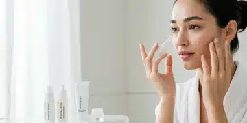 Woman with glowing skin applying minimalist serum
