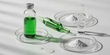 Close-up of diverse skincare ingredients in laboratory setting, representing innovation