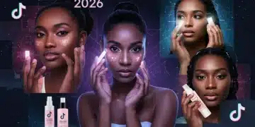 Futuristic beauty trends collage with glowing skin and innovative makeup applications for 2026 TikTok trends.