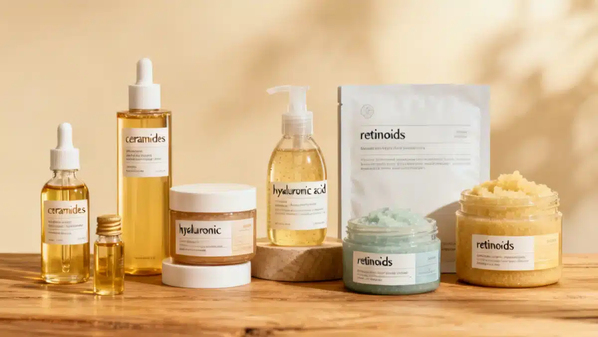 Advanced body care products with active ingredients on a wooden surface.