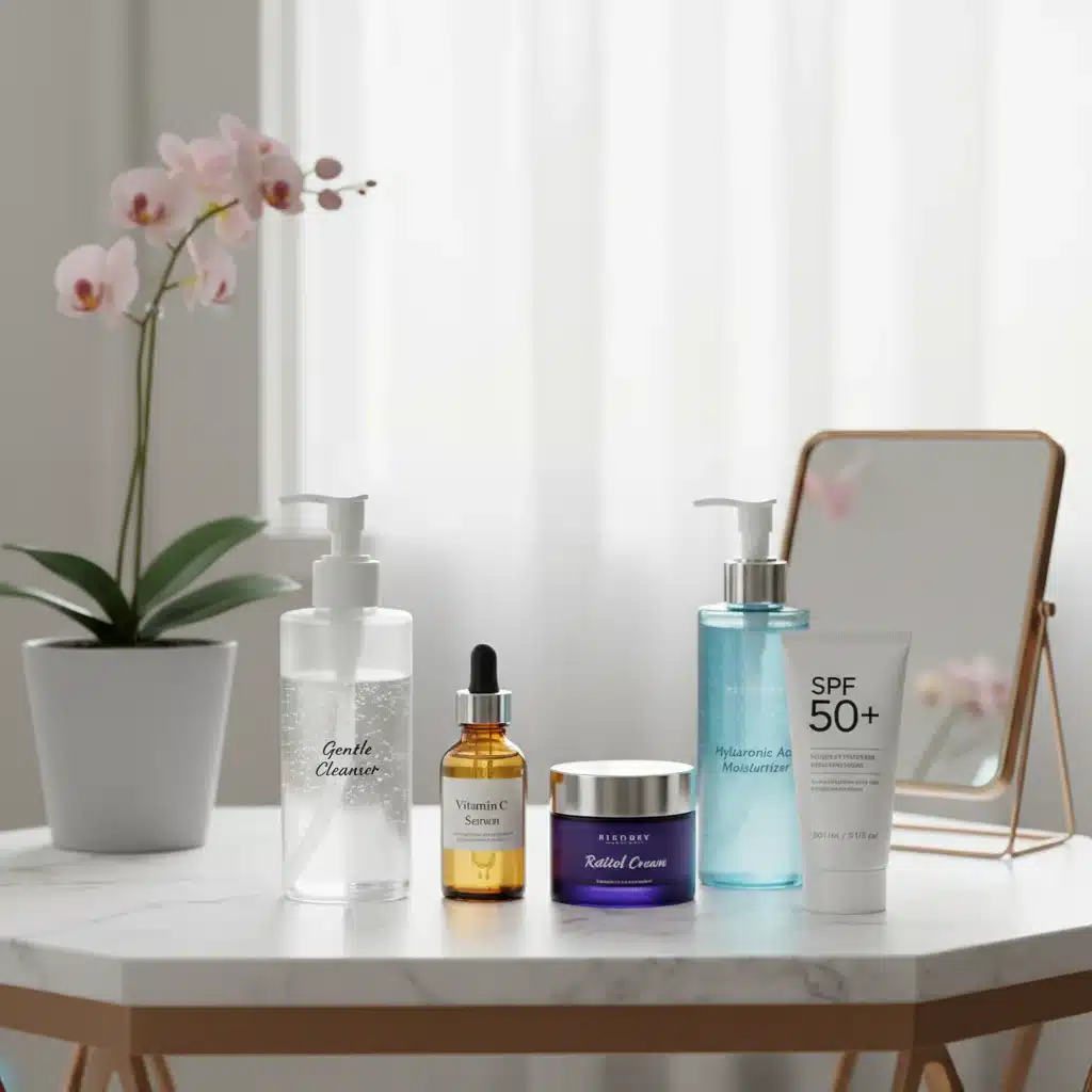 Essential skincare products for mature skin: cleanser, serum, retinol, moisturizer, and sunscreen.