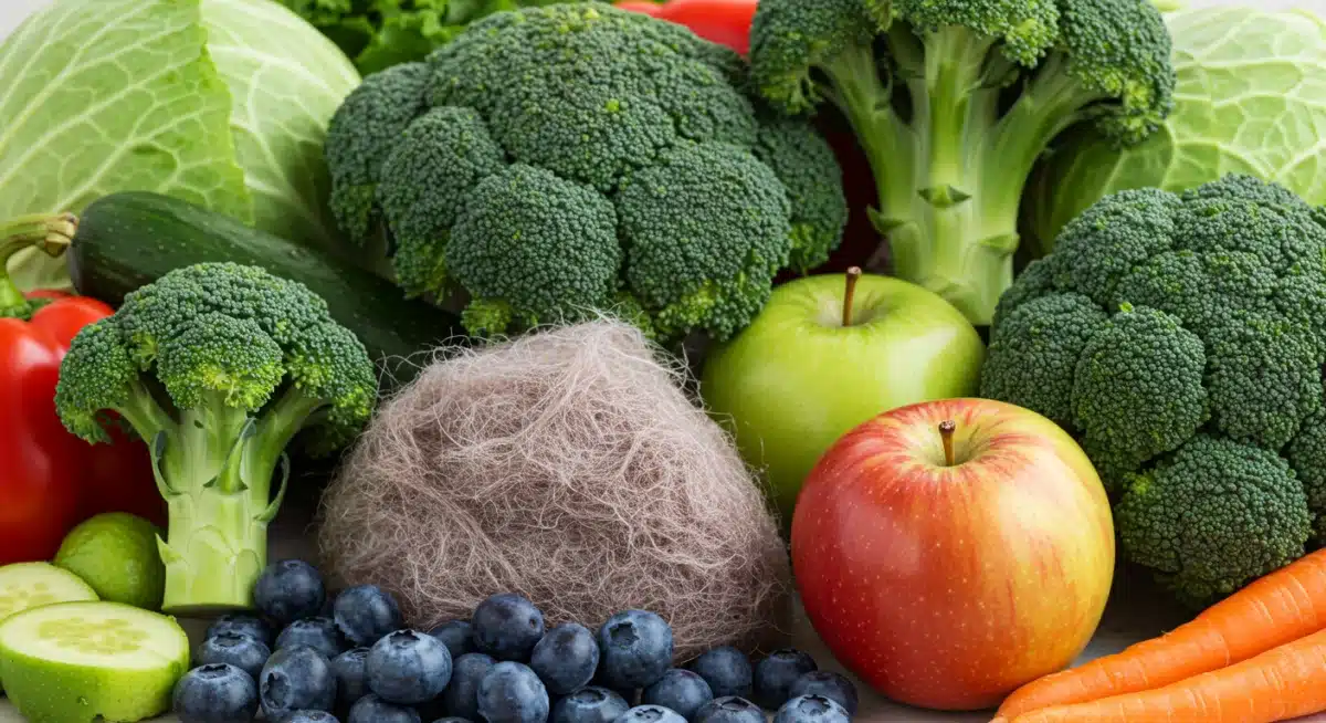 Assortment of vibrant fruits and vegetables, emphasizing plant-based fiber for improved gut health.