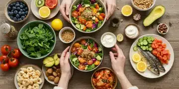 Colorful and healthy meal with fermented foods, fruits, vegetables, and omega-3 rich fish, emphasizing a gut-friendly diet.