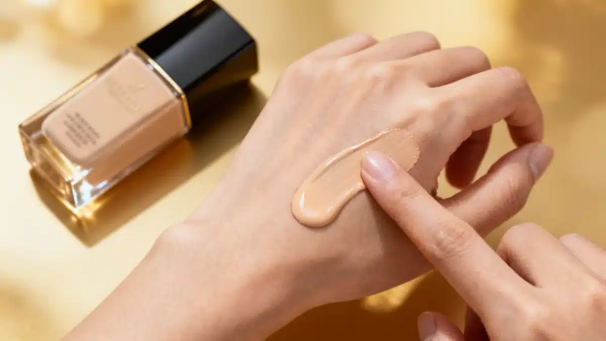 Close-up of a new foundation formula being applied to skin, demonstrating its natural finish and smooth texture.