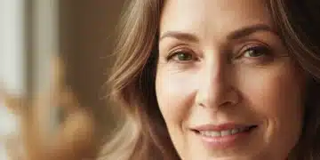 Radiant mature woman with smooth, glowing skin after following a dedicated skincare routine.