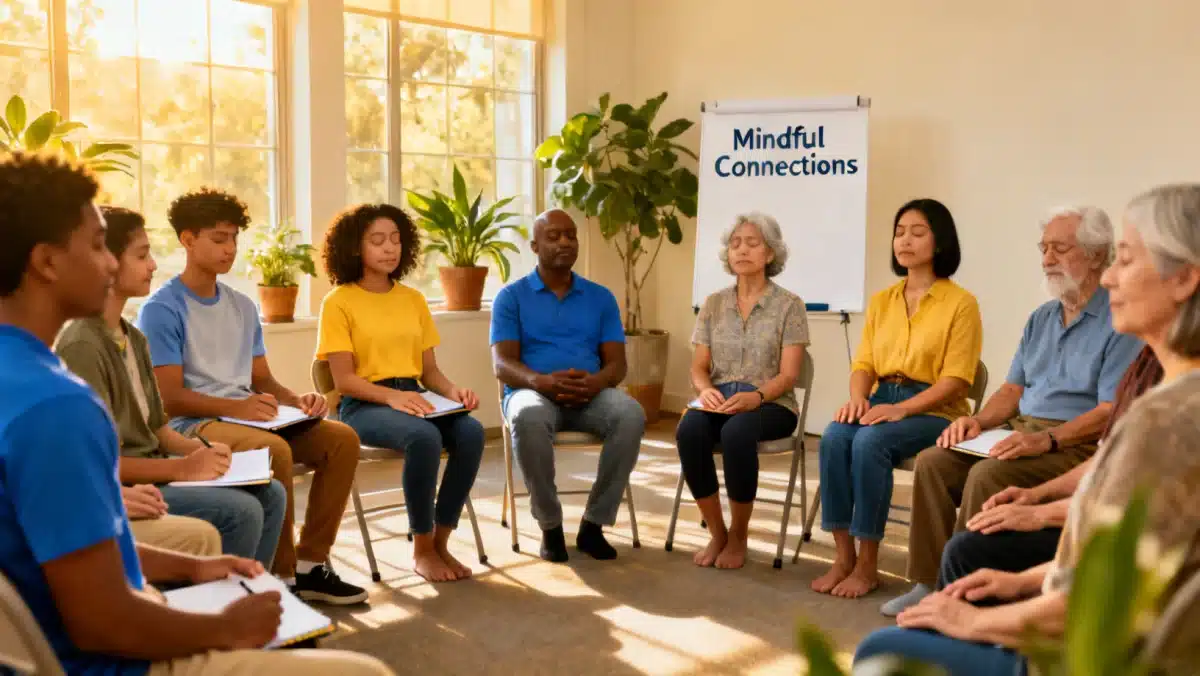 Diverse group engaging in community mental wellness workshop
