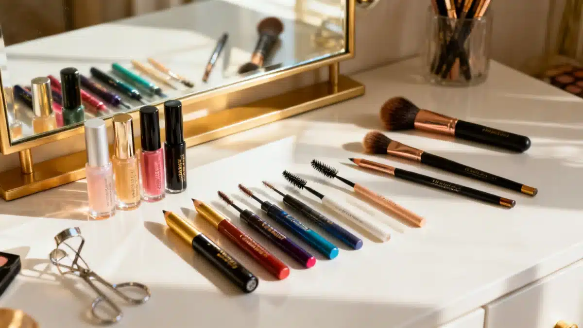 Eyeliner tools and products on a vanity table