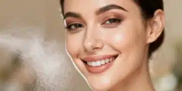 Woman with flawless makeup applying setting spray for extended wear.