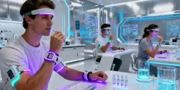 Futuristic biohacking lab with advanced tech for optimizing human performance in the USA.