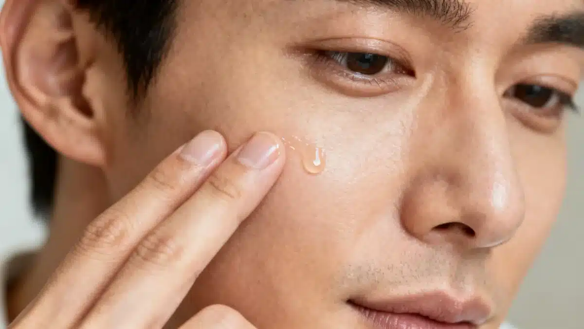 Man applying facial serum as part of his evening skincare routine