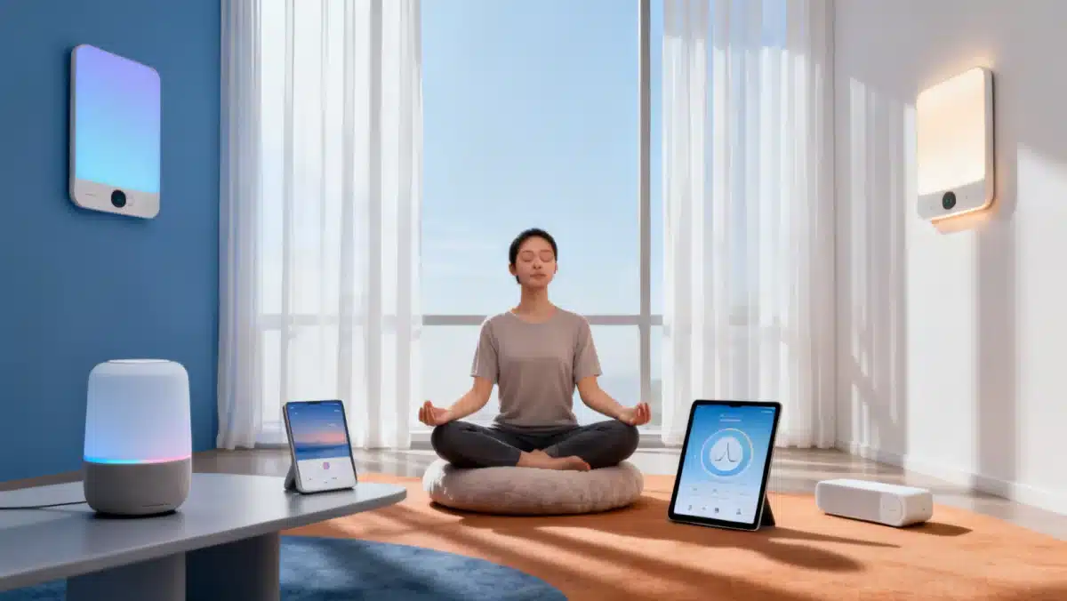 Individual meditating with smart wellness devices for mental optimization.
