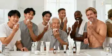 Men's daily skincare routine with cleanser, serum, and moisturizer