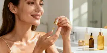 Woman in her 30s applying anti-aging serum, emphasizing proactive skincare
