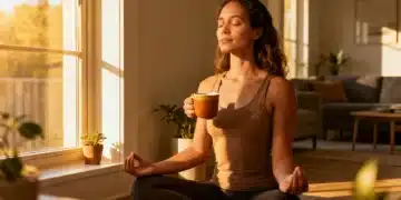 Serene woman finding peace at home, reducing anxiety