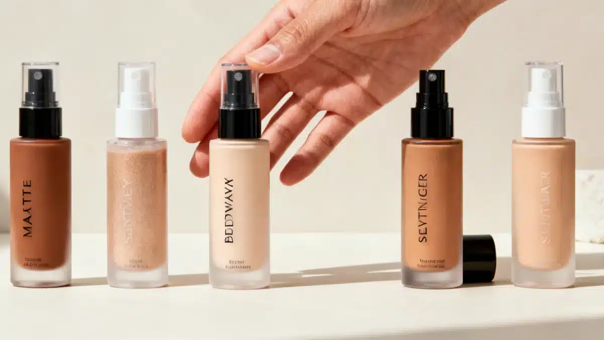 Variety of setting spray bottles for different makeup finishes.