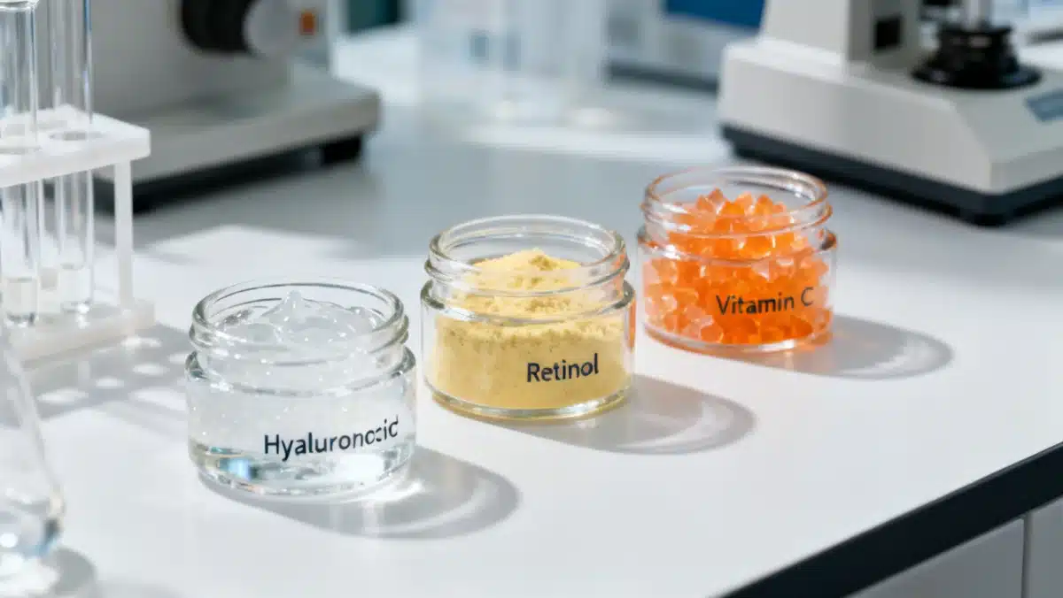 Skincare ingredients like hyaluronic acid, retinol, and vitamin C for anti-aging