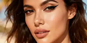 Model with perfect winged eyeliner, summer makeup look