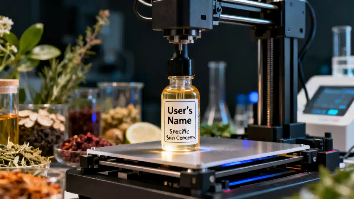 3D printer customizing a personalized skincare serum bottle