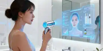AI-powered skin analysis device projecting personalized skincare recommendations