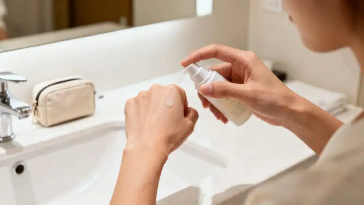 Person applying travel-sized serum in hotel bathroom