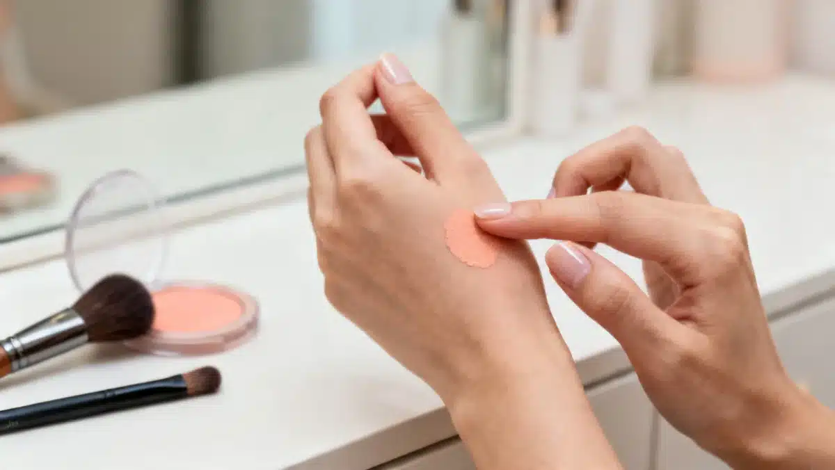 Hand demonstrating dot and blend cream blush technique