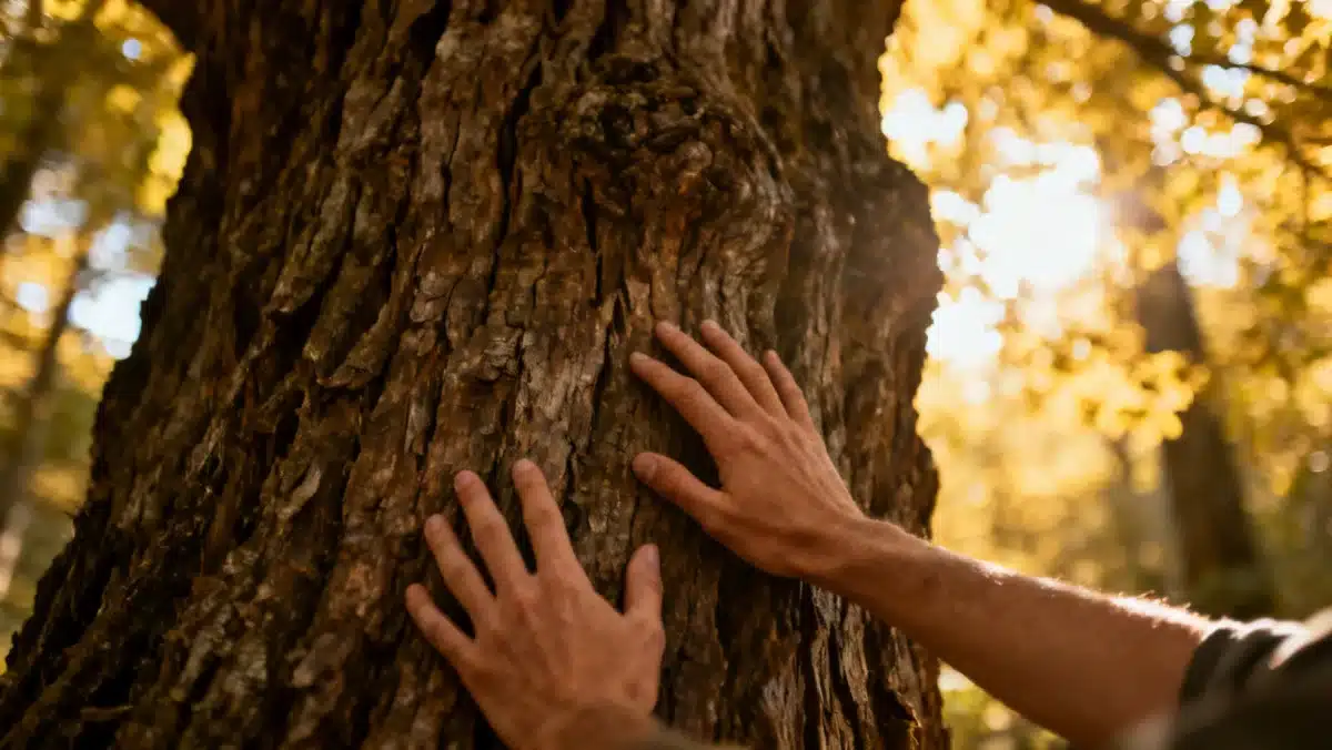 Person's hands touching tree bark, symbolizing connection to nature