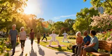 Diverse US citizens enjoying nature in a 2026 urban park for well-being