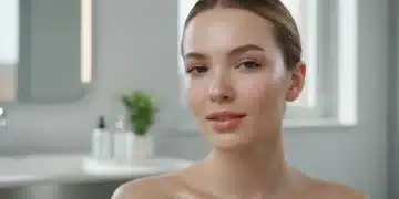 Woman with glowing glass skin complexion in a modern setting