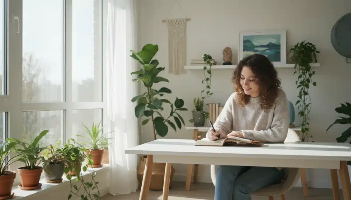 Young American woman journaling positive affirmations in a calm home office