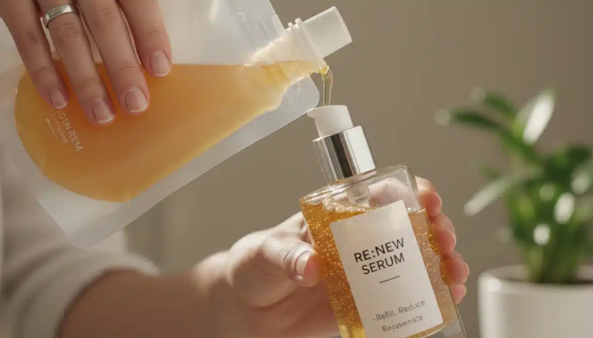 Hands refilling a reusable glass bottle with skincare serum, promoting refillable beauty.