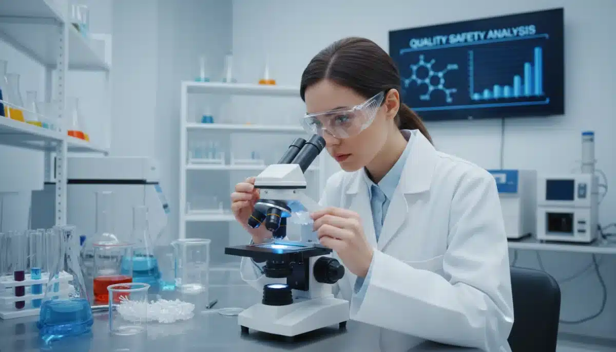 Scientist examining cosmetic ingredients under a microscope in a laboratory