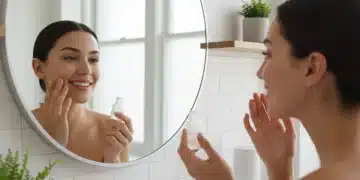 Young woman applying serum to clear, acne-free skin, representing effective skincare.