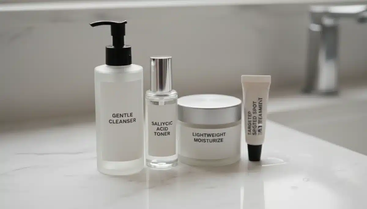 Arrangement of essential skincare products for acne-prone skin: cleanser, toner, moisturizer, spot treatment.