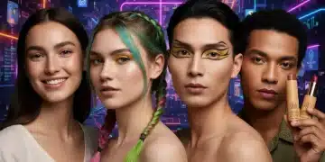 Diverse Gen Z individuals display bold beauty trends, colorful hair, graphic eyeliner, and glowing skin.