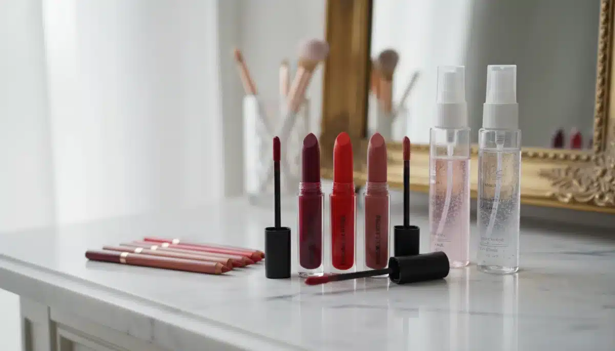 Assortment of long-wear lipstick products and tools