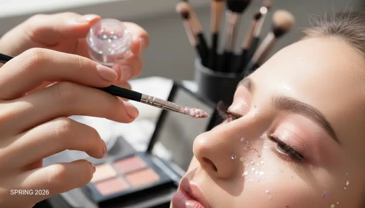 Makeup artist applying glitter eyeshadow for a trendy look