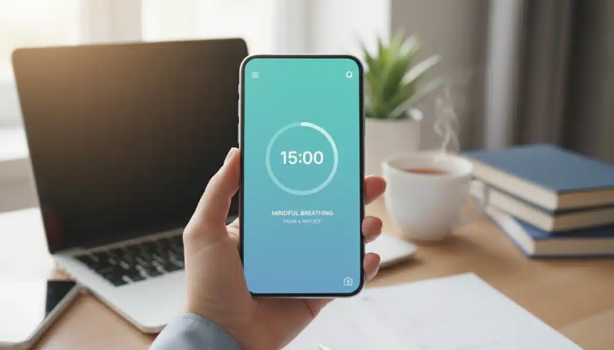 Smartphone displaying a 15-minute mindfulness app timer