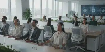 US professionals practicing mindfulness in a modern office, enhancing focus