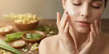 Woman applying soothing cream to sensitive, red skin for relief