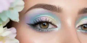 Model with vibrant pastel winged eyeshadow for spring 2026