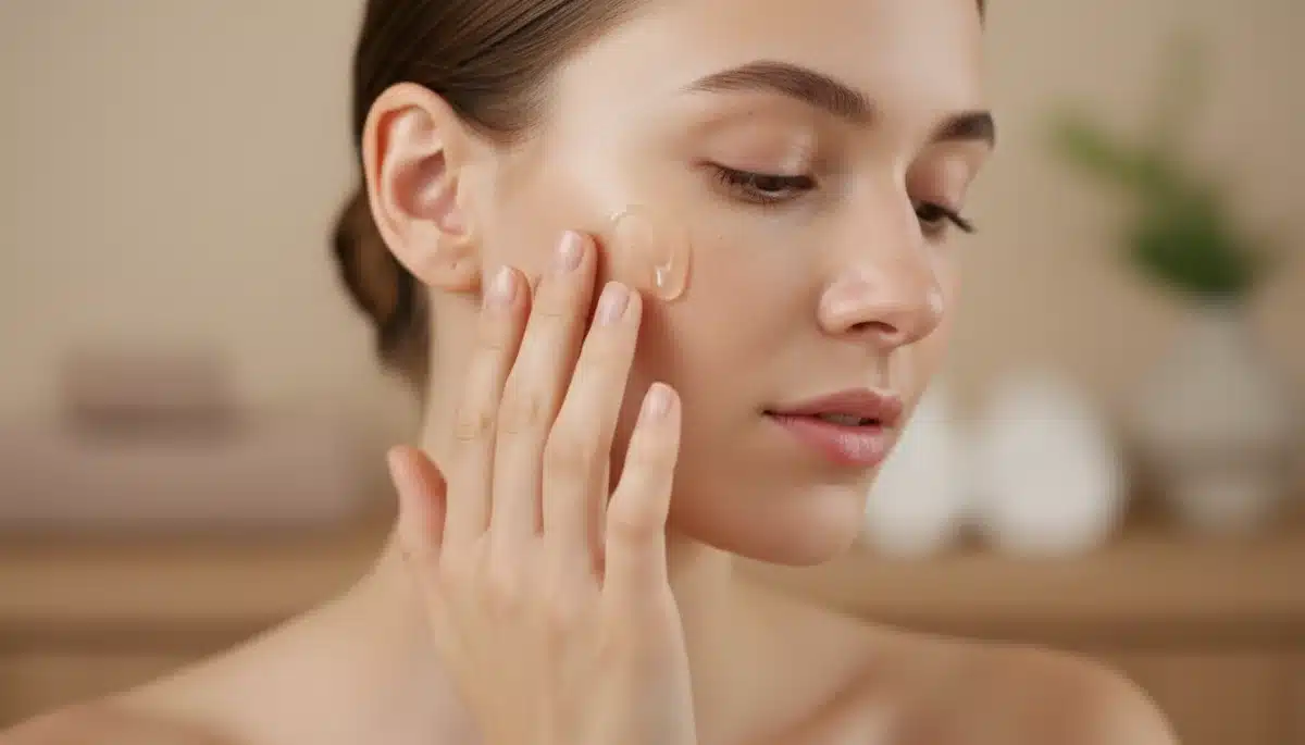 Woman applying a hydrating serum to her face, showing its smooth texture and immediate glow.