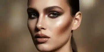 Model with perfectly sculpted facial features, demonstrating advanced contouring techniques.