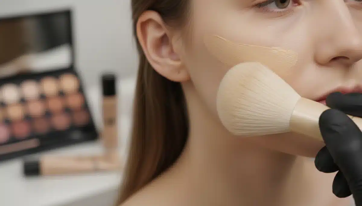 Makeup artist applying foundation with a professional brush