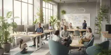 Professionals in a modern office practicing well-being and collaboration, symbolizing healthy work environment.